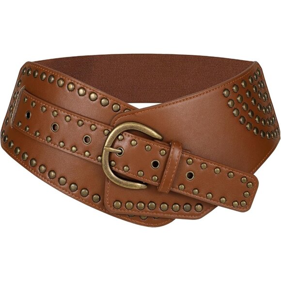 Women Vintage Wide Elastic Studded Stretchy Waist Belt Rivets Metal Buckle Brown - Picture 1 of 5